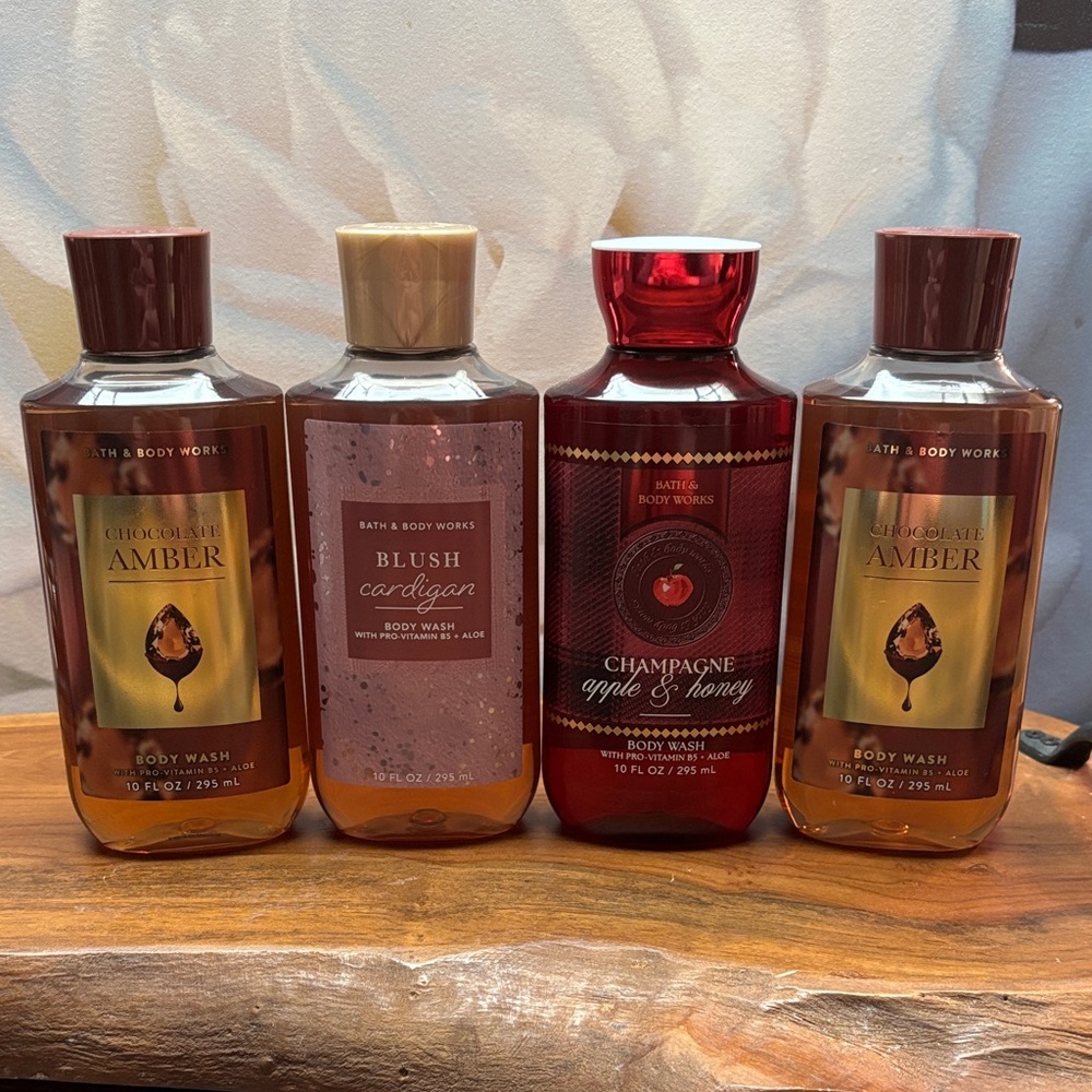 Bath & Body Works Chocolate Amber, Blush Cardigan, and Champagne Apple & Honey